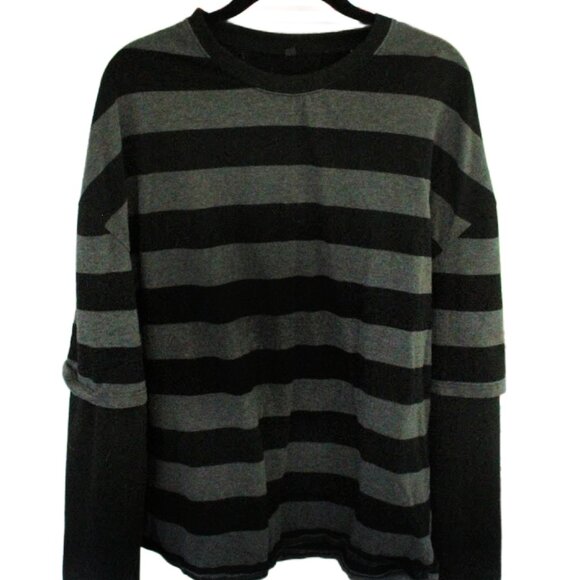 Harajuku Oversized Striped T-Shirt Long Sleeve Crew Neck Pullover - Picture 2 of 3